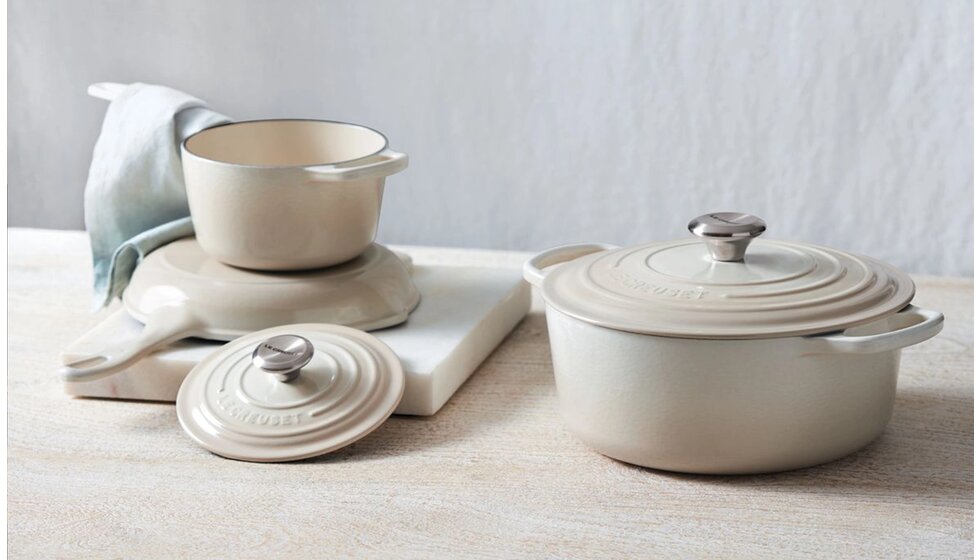 Charlotte & Harry's Magical Meadow Marquee Wedding in Oxfordshire: Meringue coloured Le Creuset casserole pots