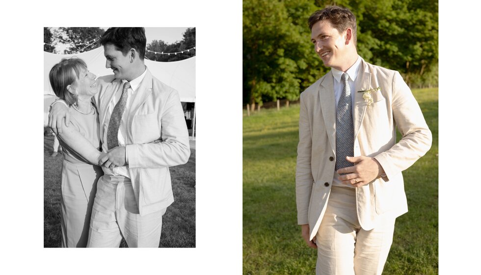 Charlotte & Harry's Magical Meadow Marquee Wedding in Oxfordshire: Photo of groom with mother and groom wearing a white linen wedding suit