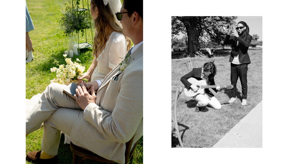 Charlotte & Harry's Magical Meadow Marquee Wedding in Oxfordshire: Photo of groom holding bride's hand during a ceremony, next to a photo of the music guitar and trumpet duo playing during a ceremony