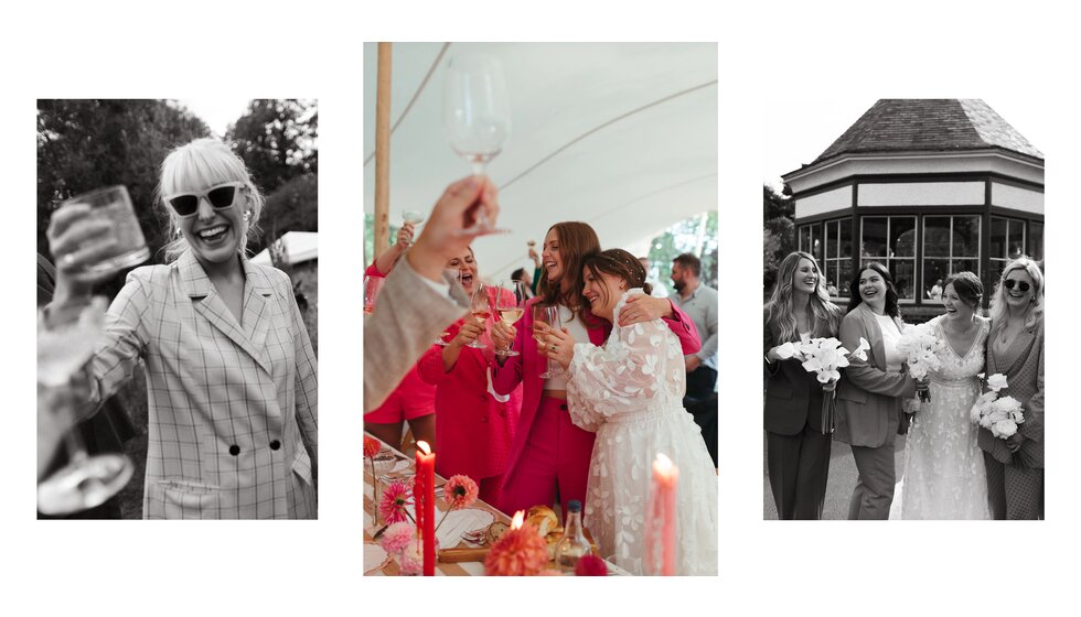 Whimsical Floral Wedding in London Park | Joyful moments of bride with her bridal party wearing matching pink bridesmaids suits