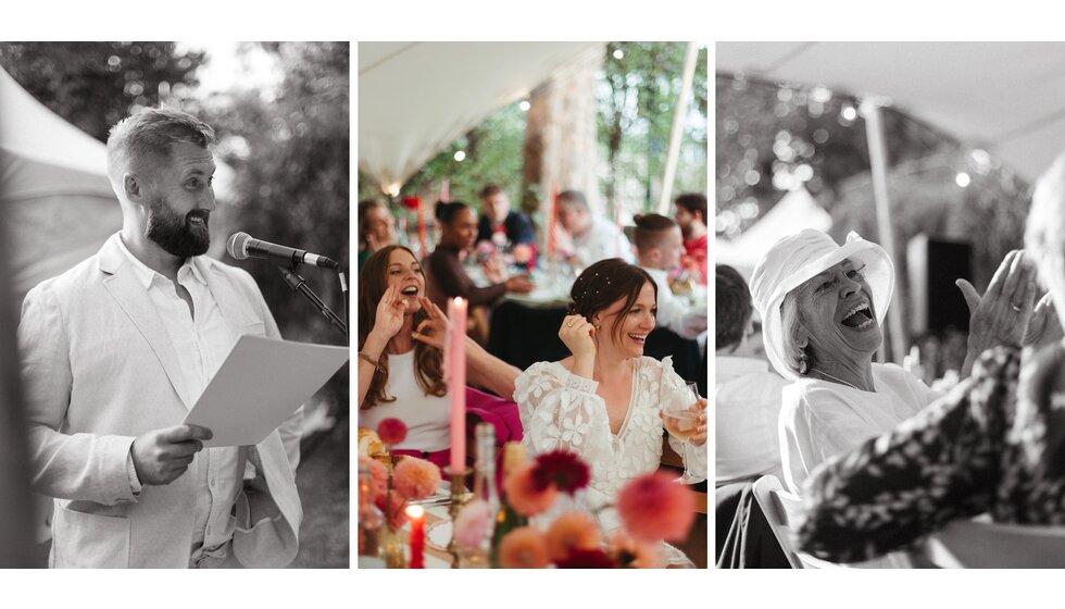 Whimsical Floral Wedding in London Park | A photo moment capturing the groom's speech to the smiling bride and cheerful wedding guests