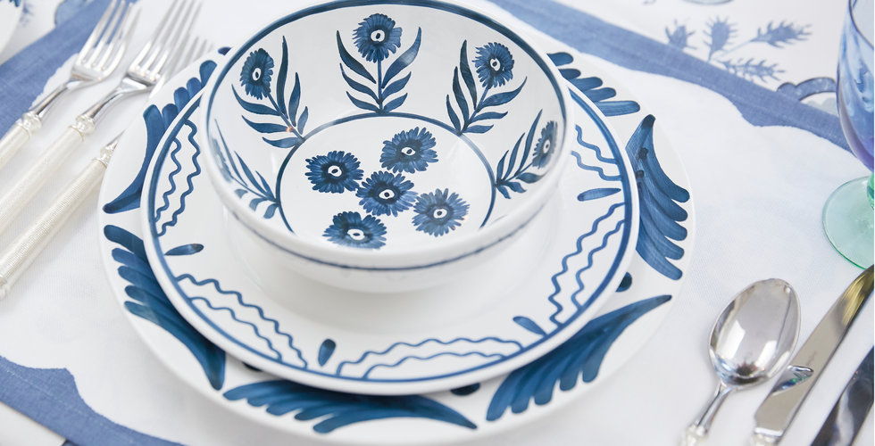 A close up of Penny Morrison tableware printed in a floral design.