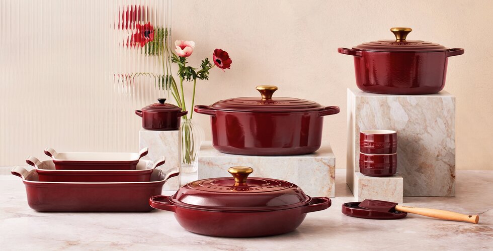 Le Creuset Casserole Size Guide | A mix of Le Creuset casseroles in Rhone 